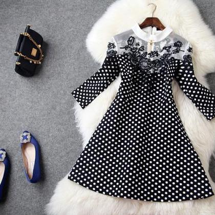 THREE QUARTER SLEEVE MESH EMBROIDERY POLKA-DOT DRESS