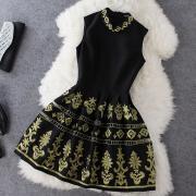 Gold embroidered black sleeveless dress AD813BF