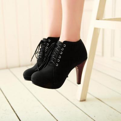 ROUND TOE HIGH HEEL LACE UP BLACK BOOTS 6852GY