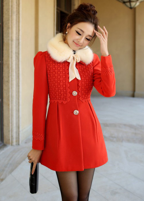 High Quality Woolen Coats With Fur Neck- Red on Luulla