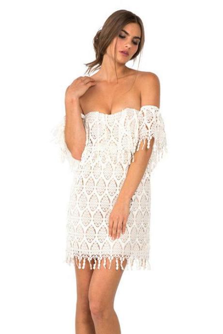Pure Color Sexy Strapless Lace Dress Ff5fi