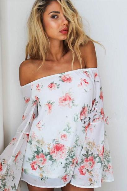 Floral Print White Off-the-shoulder Chiffon Flared Sleeve Blouse